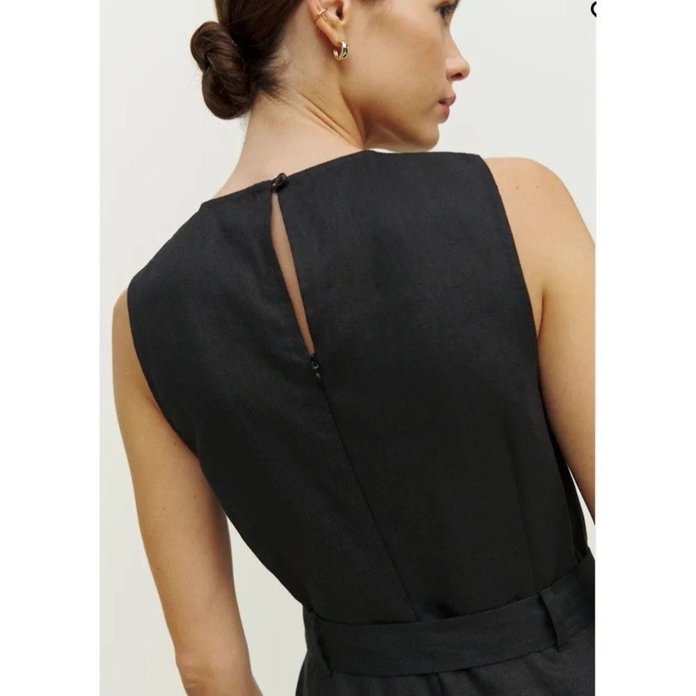 REFORMATION Naomi Linen Jumpsuit Black Women's Size 12 (Missing matching‎ belt)